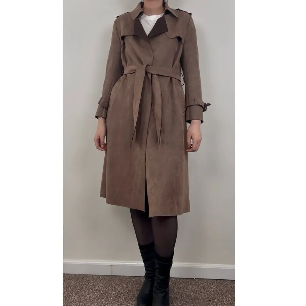 Faux Suede Elegant Belted Trench Coat - Picture 2 of 8